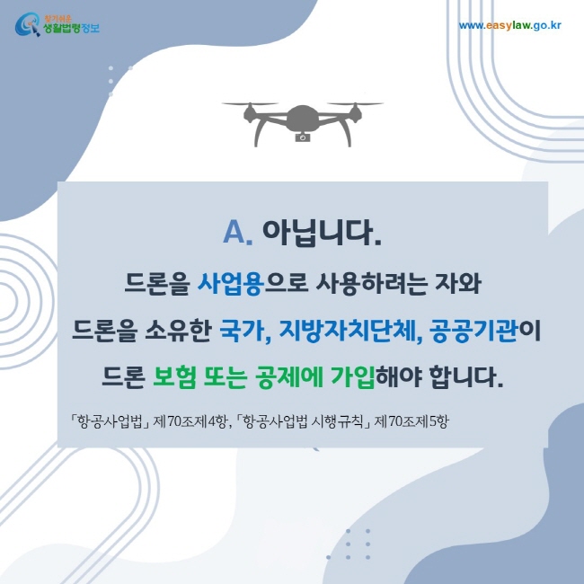 A. 아닙니다. 드론을 사업용으로 사용하려는 자와 드론을 소유한 국가, 지방자치단체, 공공기관이 드론 보험 또는 공제에 가입해야 합니다.
